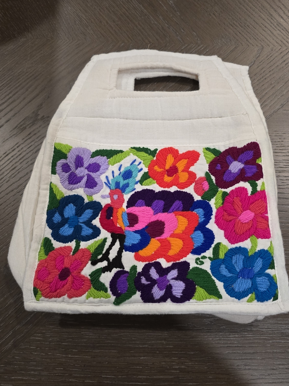 Hand-Embroidered White Floral Tote Bag with Multicolor Bird Accent